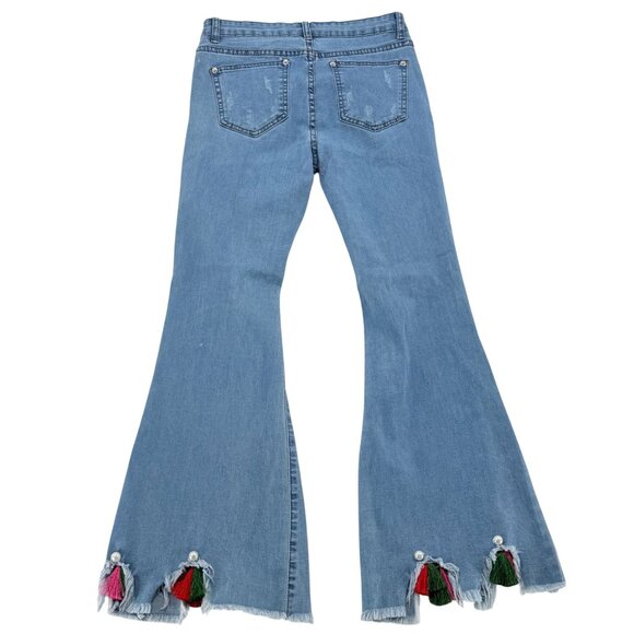 POL Flared Blue Denim Jeans With Frayed Hem & Tassels, Size S - Picture 2 of 7